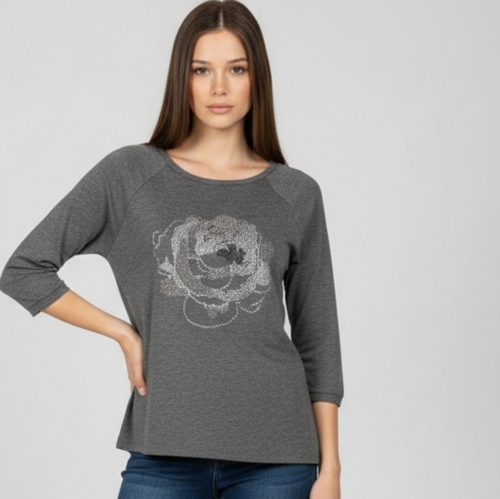 Gray Women's Top with Floral Design